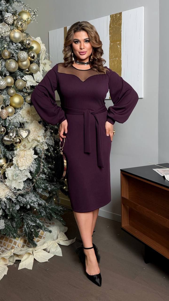 Сукня 
Тканина : рубчик + сітка ( гарно тягнеться )
Довжина сукні : 114 см.
Довжина рукава : 70 см.
Святкова сукня  з широкими рукавами на манжеті , пояс з основної тканини  .