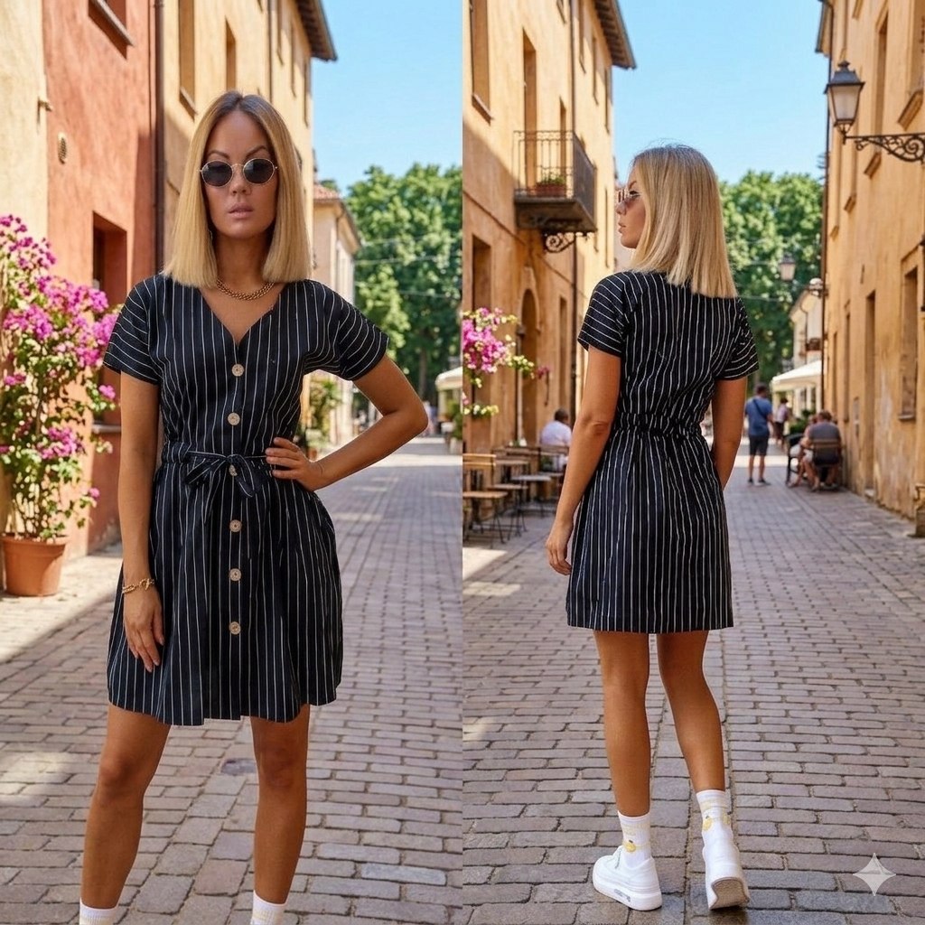 Знижки Сукня сорочка
Літня сукня 
Описание: платье-рубашка, полосатая, есть карманы, пуговицы под дерево, на кулиске, длина 85
Ткань: Котон (люкс)
Артикул: GARNA-684045